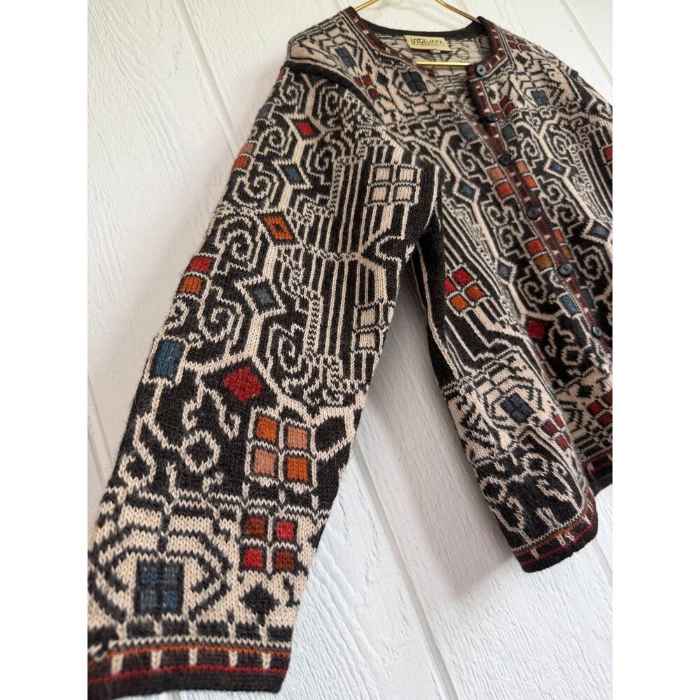 Vintage Intiwara Alpaca Wool Handmade Cardigan Sweater Print Large - Picture 2 of 7